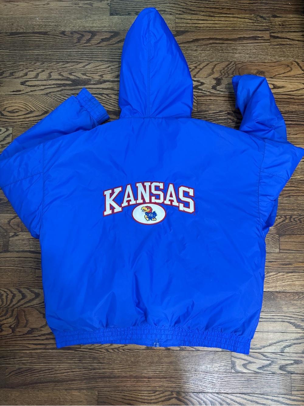 90s Vintage Kansas Jayhawks Blue Puffer Jacket with Hood
